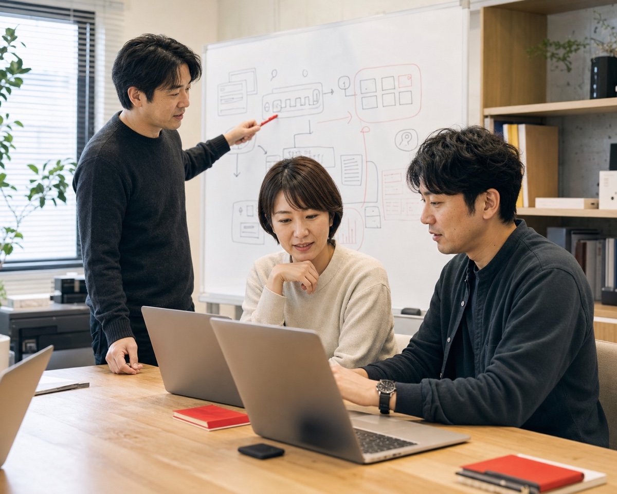 AIディレクターが会議でホワイトボードを使い業務設計を伴走する様子